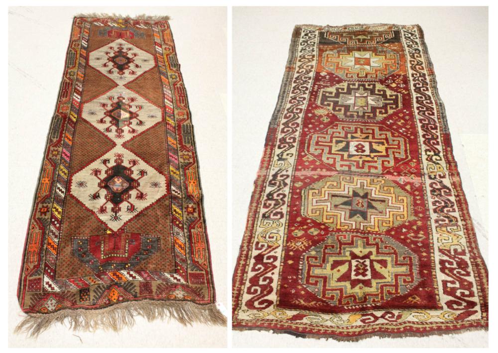 Appraisal: TWO HAND KNOTTED TURKISH TRIBAL RUGS three medallion rug '