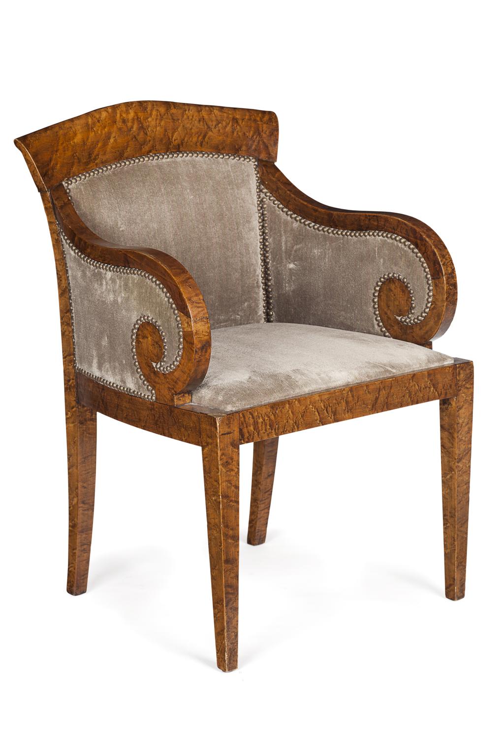 Appraisal: BEIDERMEIER BURR WOOD AND UPHOLSTERED ARMCHAIR TH CENTURY the arched