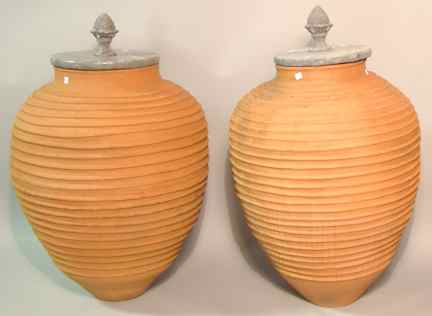 Appraisal: PAIR MONUMENTAL TERRACOTTA URNS WITH LEAD TOPS h in Provenance