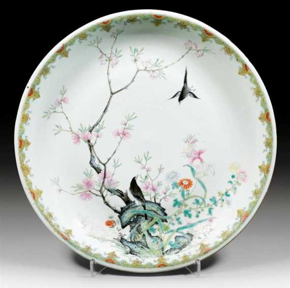 Appraisal: FAMILLE ROSE CHARGER WITH MAGPIES AND FLOWERS China Republic diameter