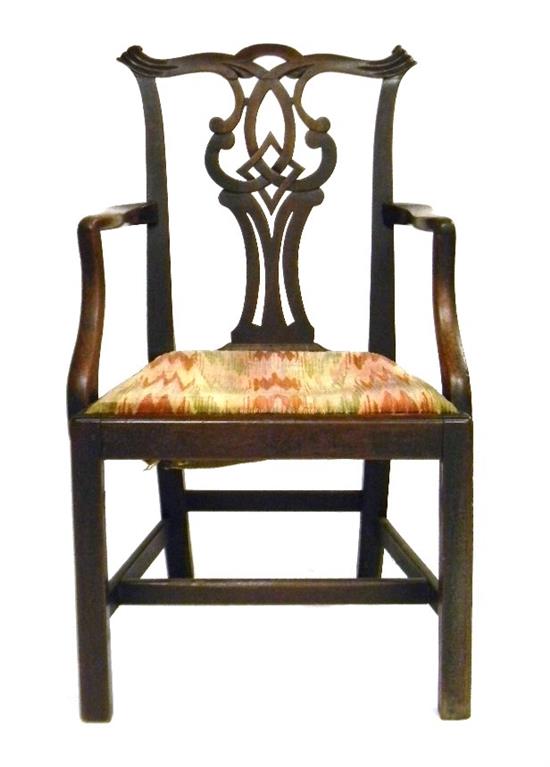 Appraisal: Late th C Chippendale armchair mahogany pierced vertical splat scroll