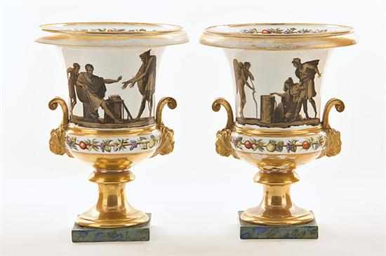 Appraisal: Pair Paris porcelain campagna urns circa fruit-laden bamboo and gilt-banded