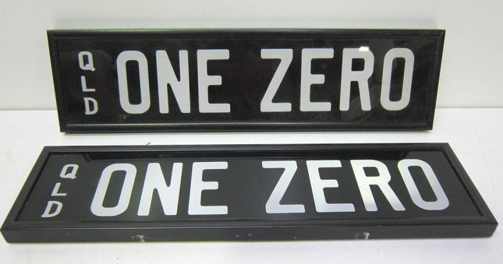 Appraisal: A PAIR OF QUEENSLAND PERSONALIZED CAR NUMBER PLATES 'ONE ZERO'