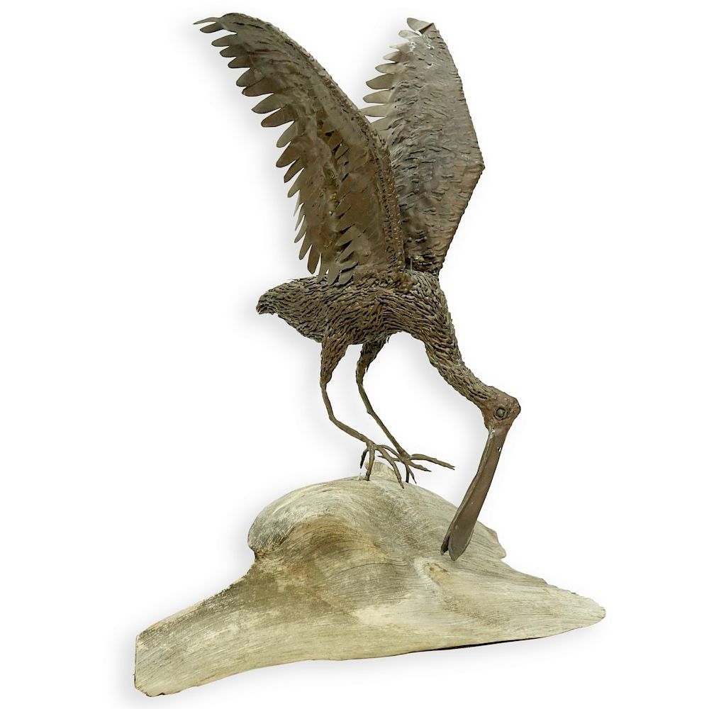 Appraisal: Brass Spoonbill Bird Sculpture Driftwood Base Brass Spoonbill Bird Sculpture