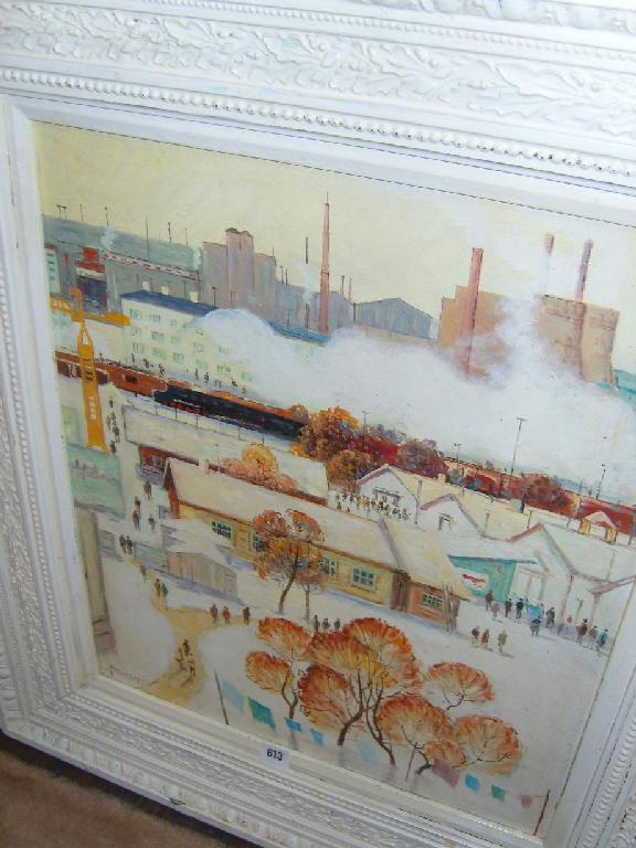 Appraisal: An oil painting on board of an industrial cityscape in