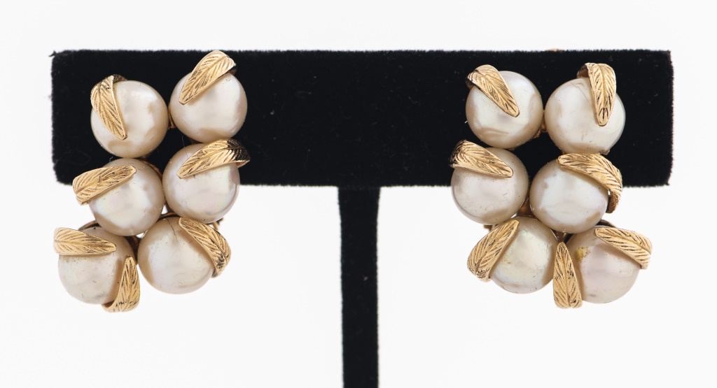 Appraisal: VINTAGE K YELLOW GOLD PEARL FLORIFORM EARRINGS Vintage K yellow