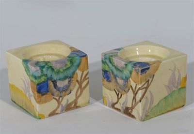 Appraisal: Aurea' a pair of Clarice Cliff Bizarre Cube candlesticks painted