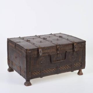 Appraisal: Dutch Colonial iron banded hardwood strong box th th c