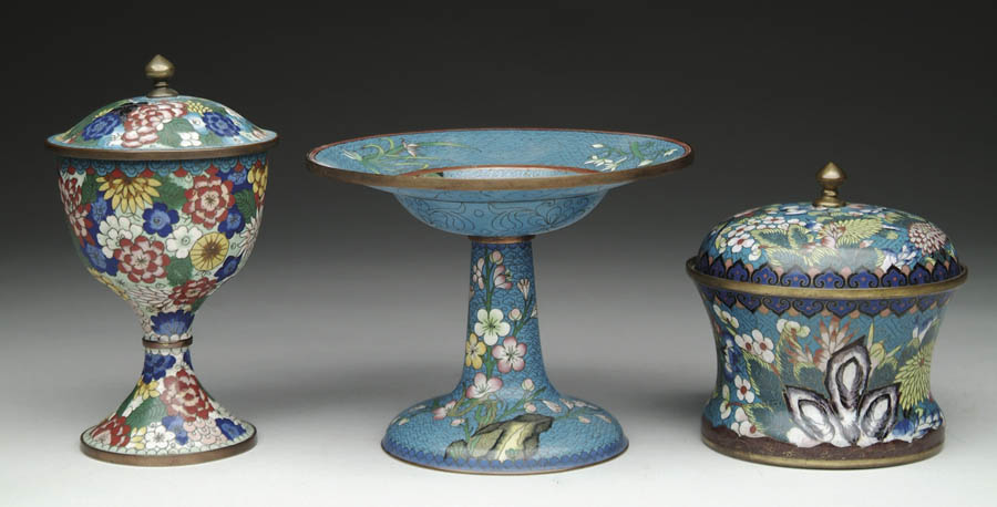 Appraisal: THREE PIECES OF BLUE GROUND CLOISONN h x dia compote