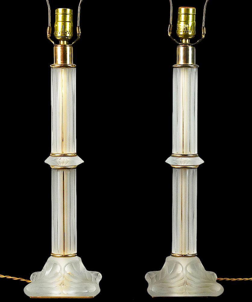 Appraisal: Pr Lalique Frosted Crystal Gilt Metal Lamps Pair of signed