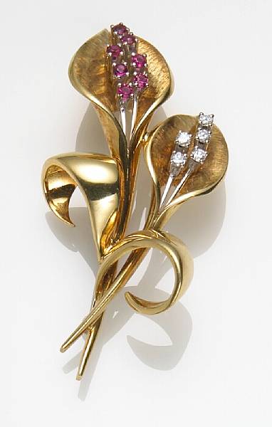 Appraisal: A retro ruby diamond and k gold calla lily brooch