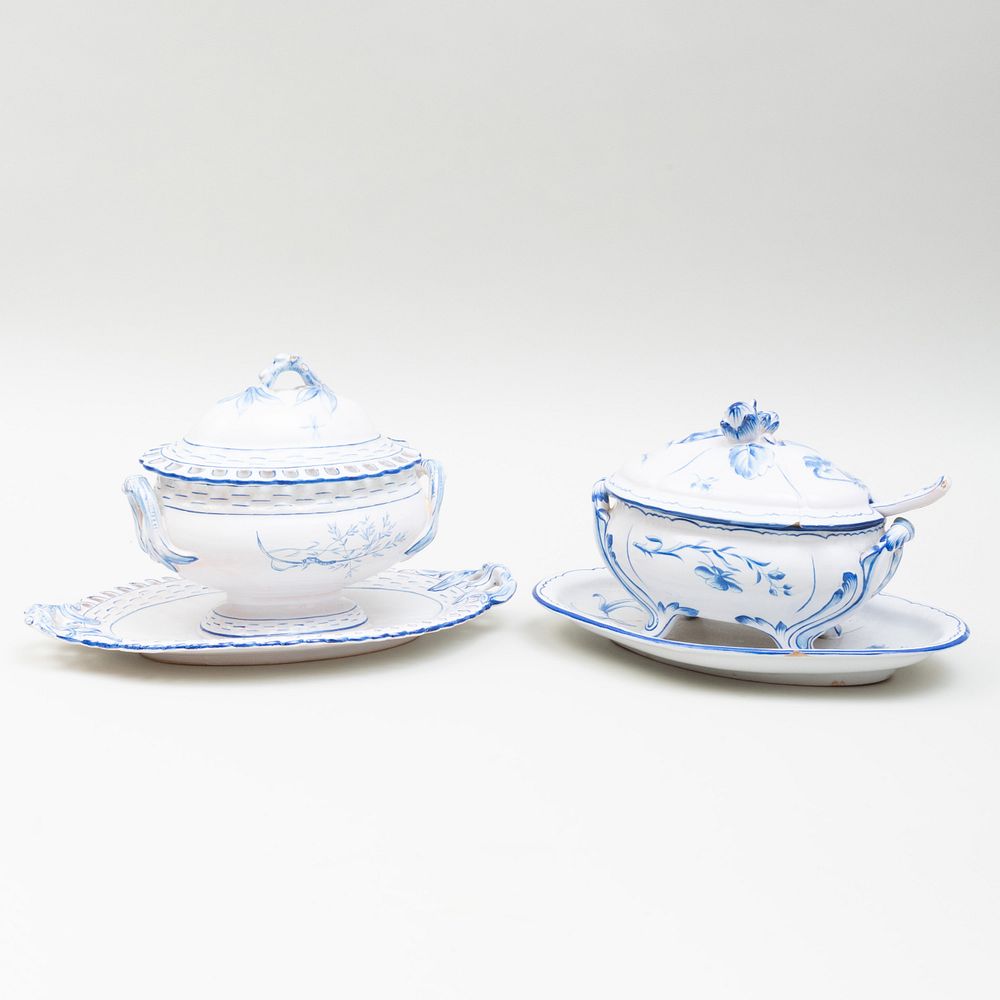 Appraisal: Two Gall Faience Sauce Tureens on Stands and a Ladle