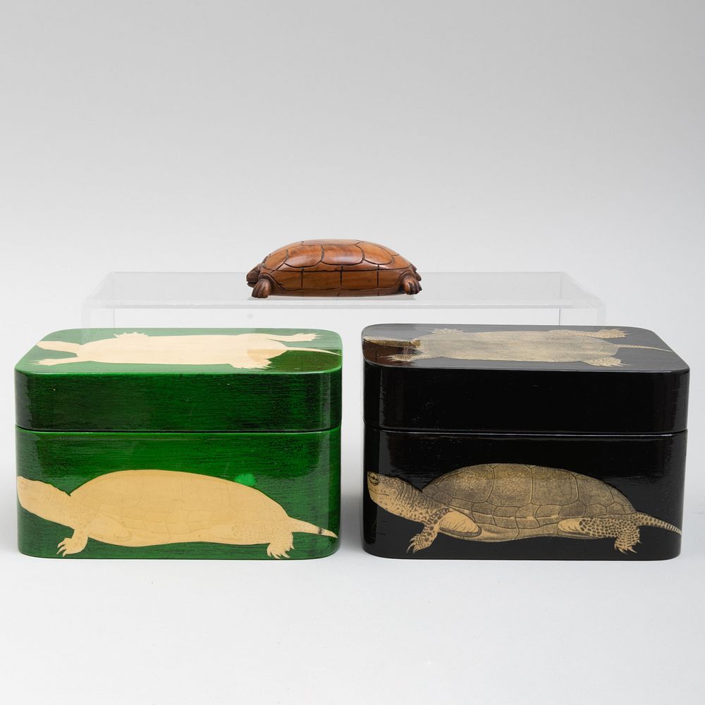 Appraisal: Pair of Modern Decoupage Turtle Boxes and a Carved Wood