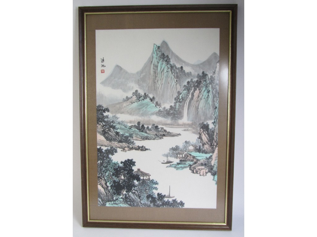 Appraisal: A Chinese silk framed watercolour of a mountainous landscape x