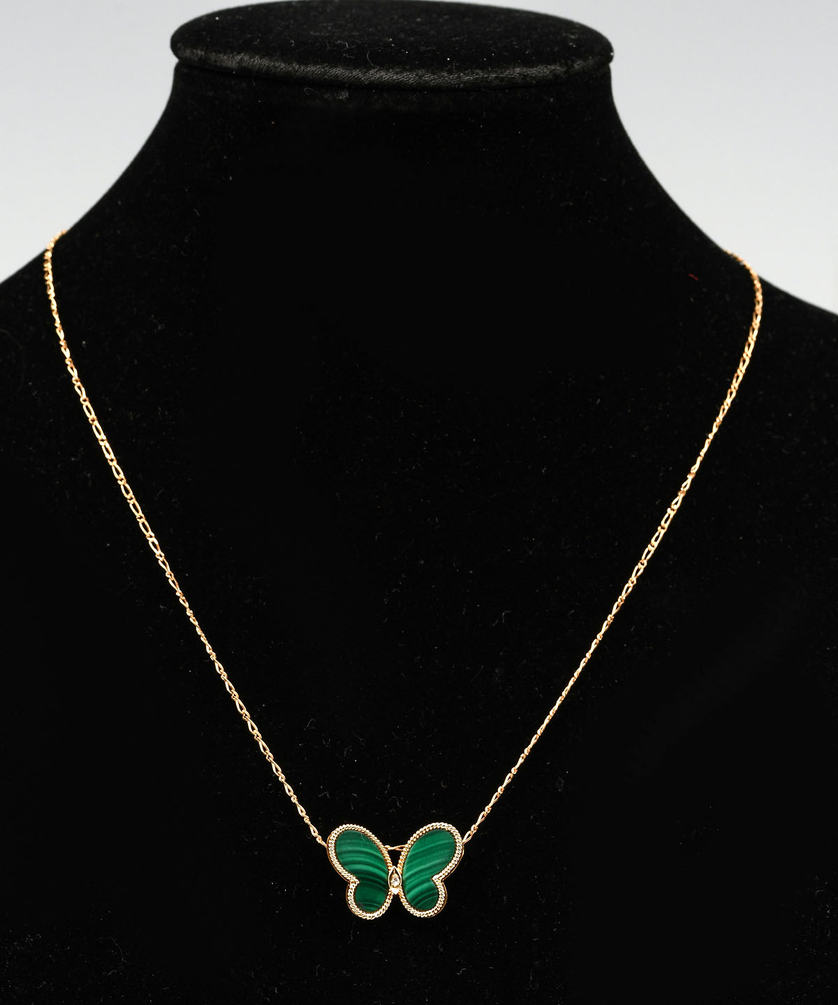 Appraisal: K MID CENTURY MALACHITE BUTTERFLY ON K CHAIN Sweet malachite