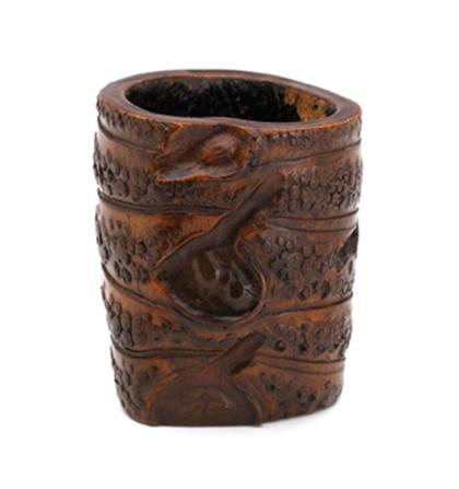 Appraisal: Chinese bamboo root brush pot th century Of gnarled bamboo