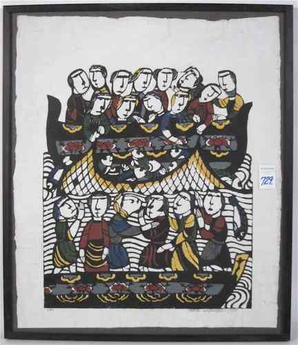 Appraisal: SADAO WATANABE COLOR WOODCUT Japanese - Two groups of figures