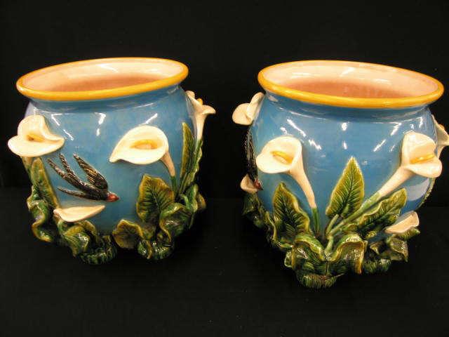 Appraisal: Pair of Majolica Art Pottery Planters bird cala lily decor