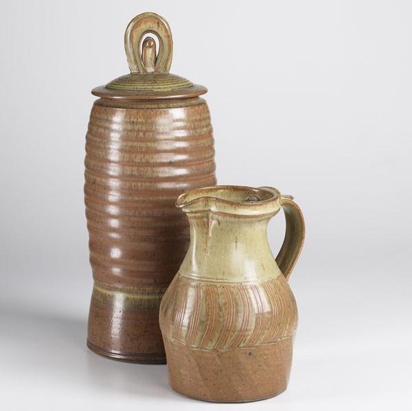 Appraisal: VAL CUSHING Stoneware covered jar and pitcher Jar dated Each