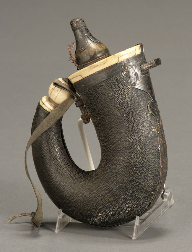 Appraisal: North Indian Ivory and Niello Silver Mounted Shagreen Powder Horn