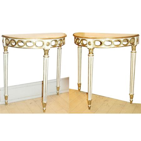 Appraisal: Pair of Neoclassical Style Gold and Painted Consoles Estimate -