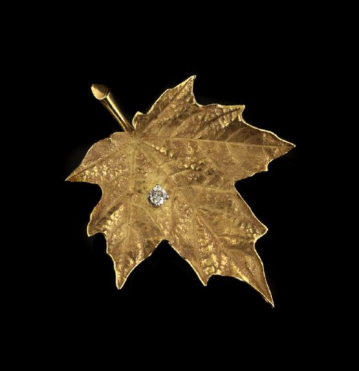 Appraisal: Charming Fourteen-Karat Yellow Gold and Diamond Leaf Brooch cast in