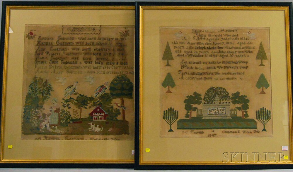 Appraisal: Pair of Framed Needlework Family Records America a family register