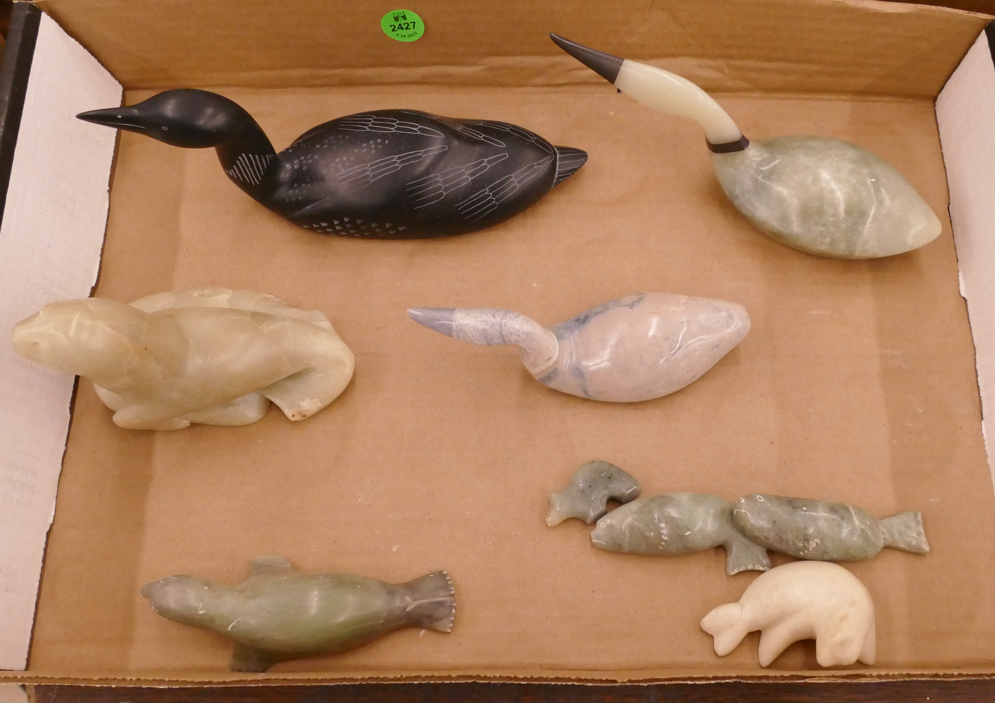 Appraisal: Box pc Alaska Soapstone Bird Seal Carvings- largest ''