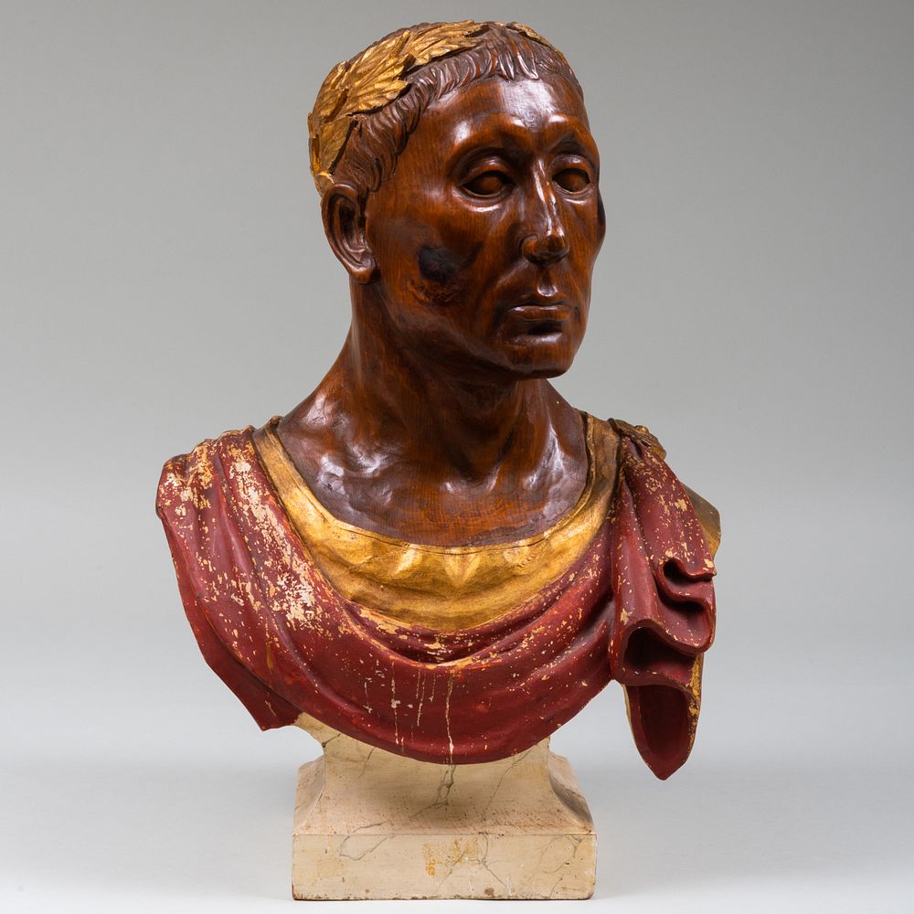 Appraisal: Continental Carved Oak and Polychrome Bust of Caesar x x