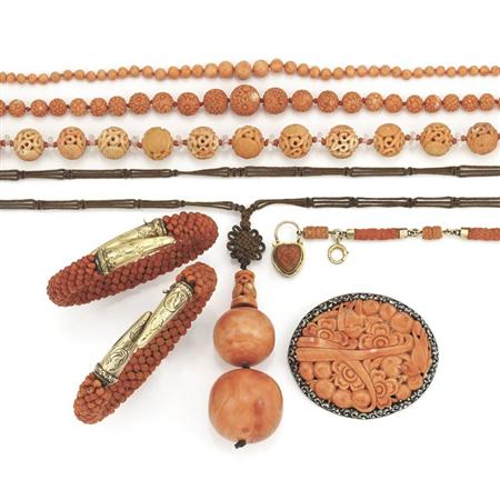 Appraisal: Group of Carved Coral and Coral Bead Jewelry Estimate -