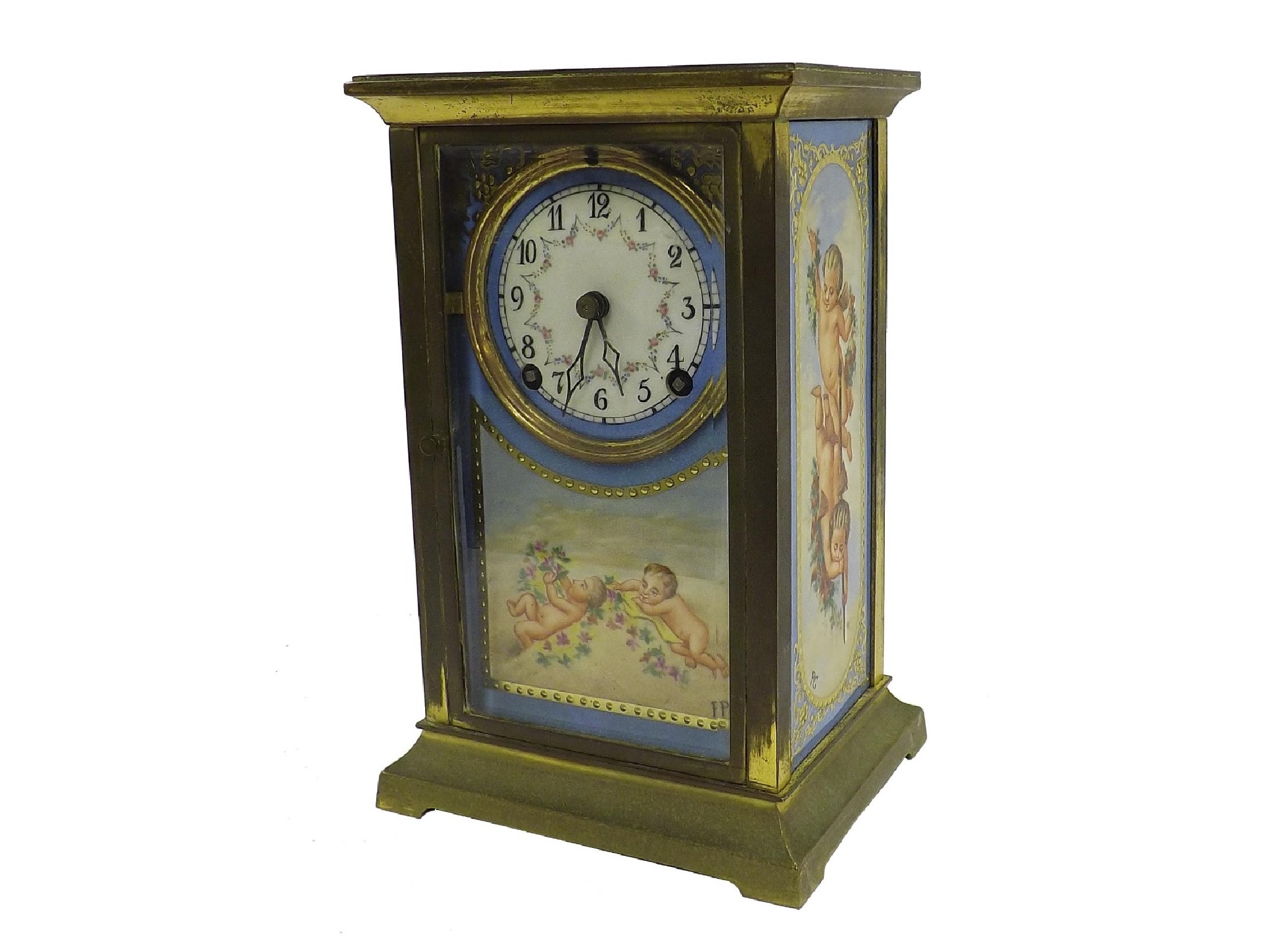 Appraisal: Ansonia two train brass mantel clock with later porcelain panels