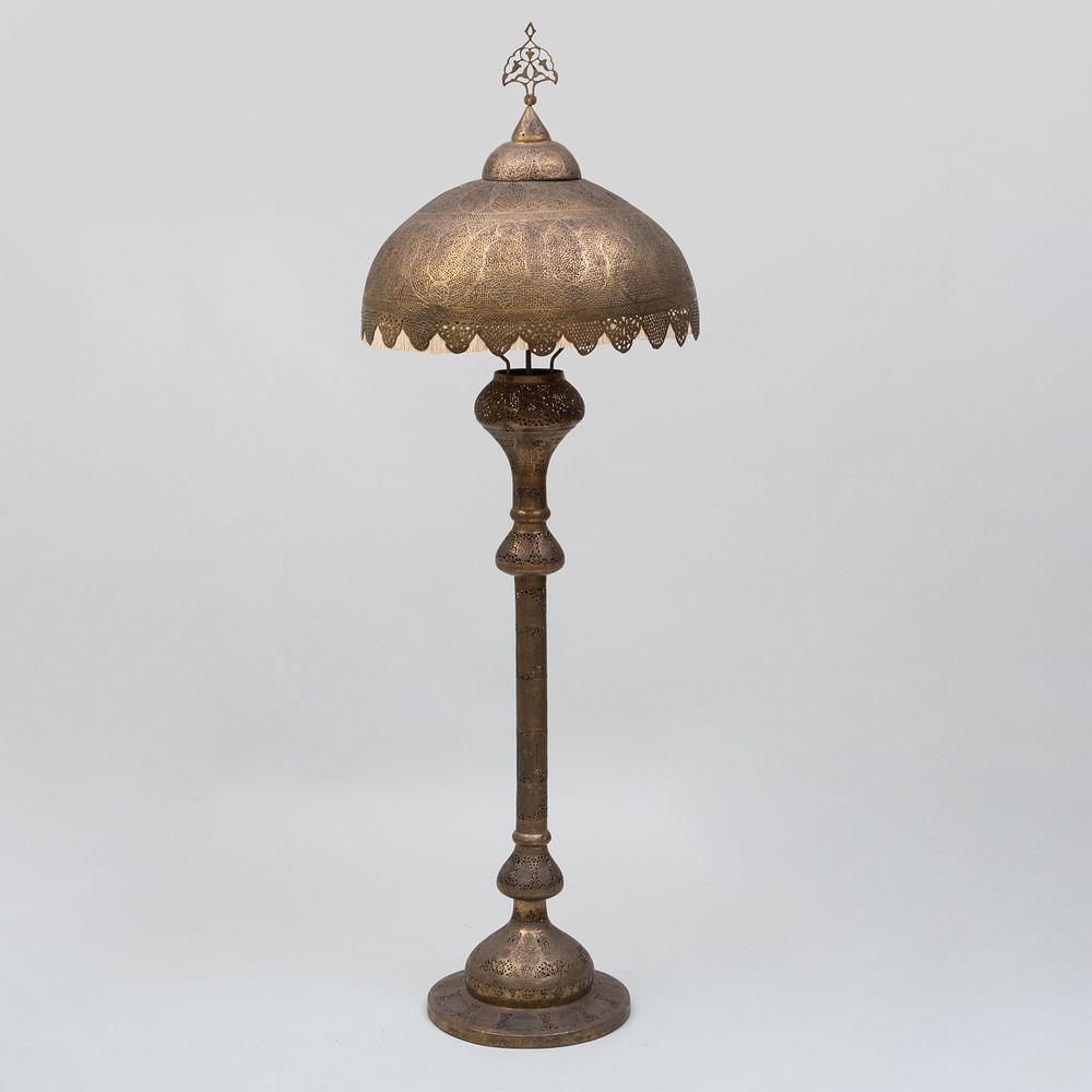 Appraisal: Large Moroccan Pierced Brass Floor Lamp Fitted with a fabric