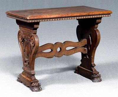 Appraisal: Italian Baroque walnut side table single-board walnut top carved trestle