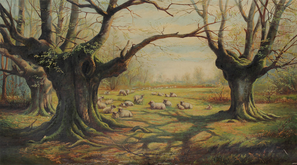 Appraisal: GOOD PASTORAL PAINTING OF GRAZING SHEEP Scene Depicts Sheep Lazing