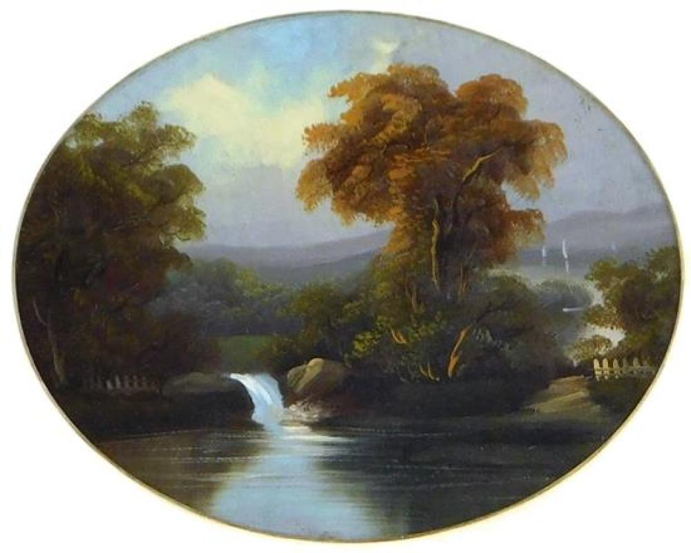 Appraisal: th C landscape oil depicts landscape with waterfall hills in