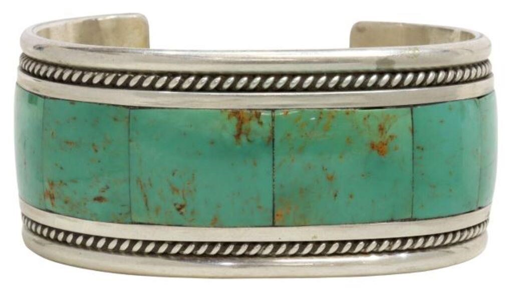 Appraisal: Native American inlaid sterling silver cuff bracelet hallmarked A under