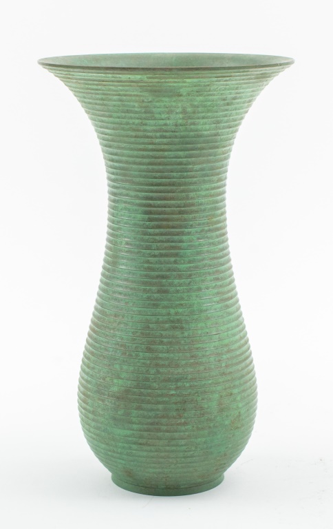 Appraisal: JAPANESE MID-CENTURY MODERN METAL IKEBANA VASE Japanese Mid-century modern ribbed