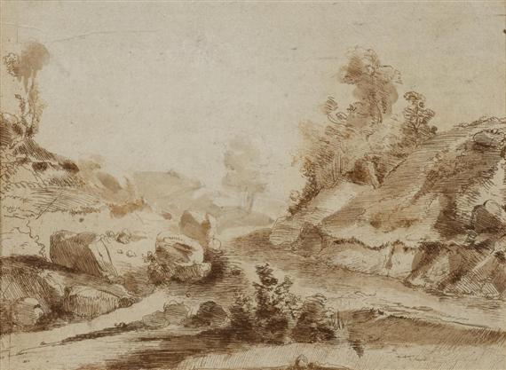 Appraisal: ITALIAN th c Landscape with rocks and boulders Brown pen