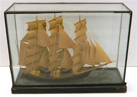 Appraisal: SHIP MODEL Wooden ship in glass case three masted schooner