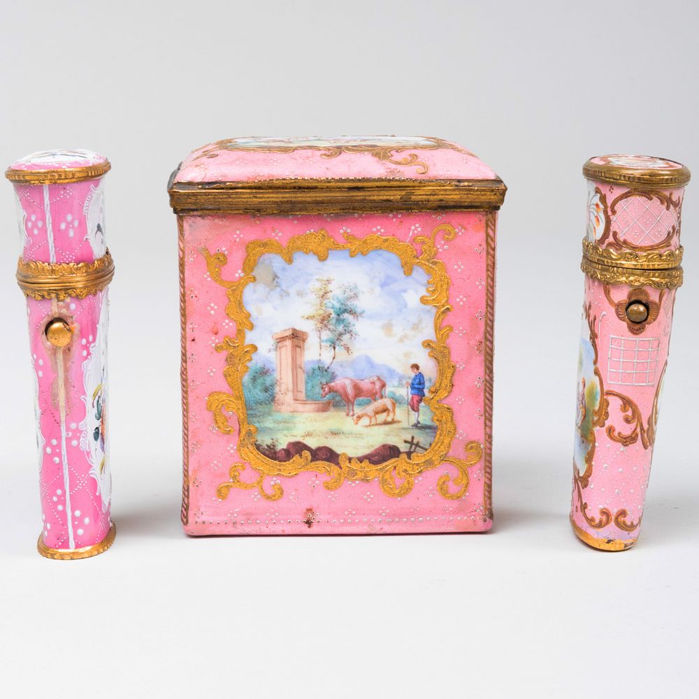 Appraisal: Staffordshire Enamel Pink Ground Box and Two Etuis The box