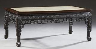 Appraisal: Chinese Carved Rosewood Marble Top Coffee Table Chinese Carved Rosewood