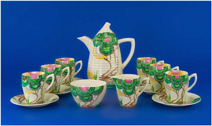 Appraisal: Clarice Cliff Piece Coffee Set Circa Aurea pattern Abstract Bizarre