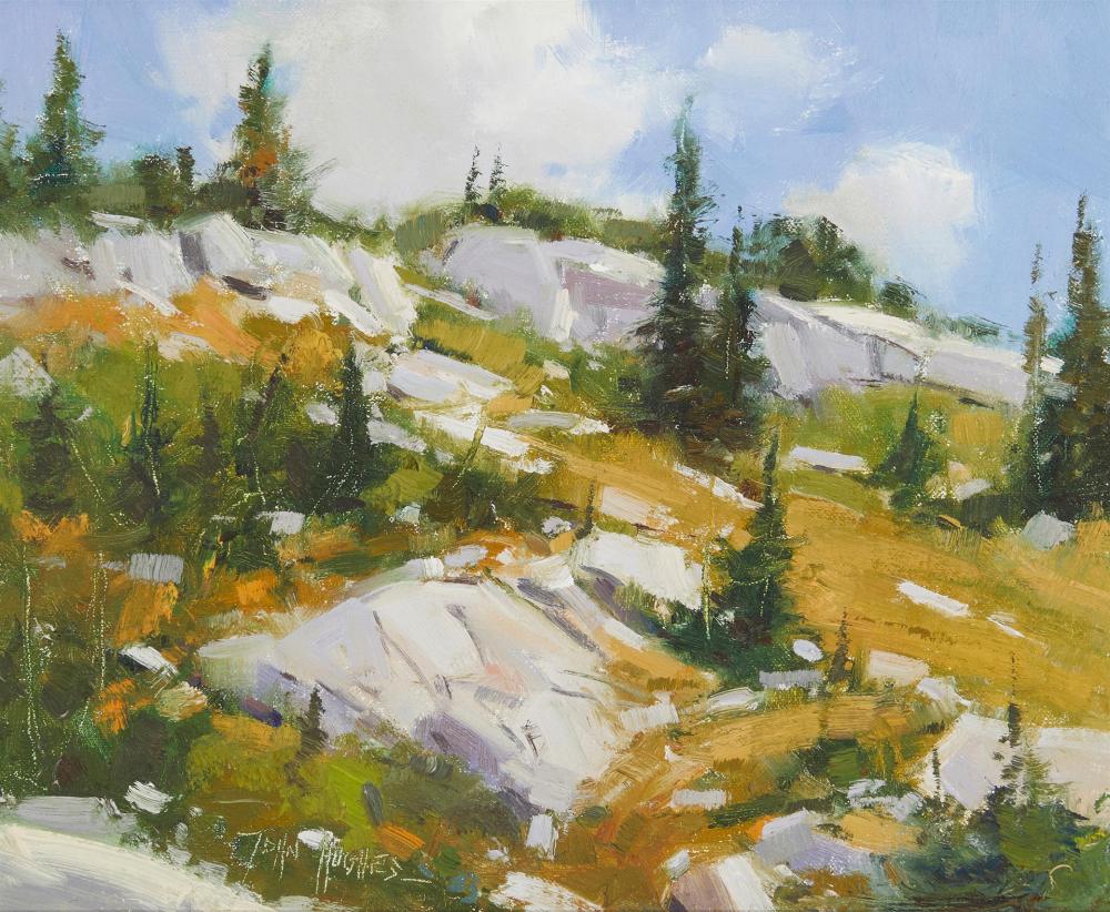 Appraisal: John Hughes b Mountainside with pine trees Oil on canvas