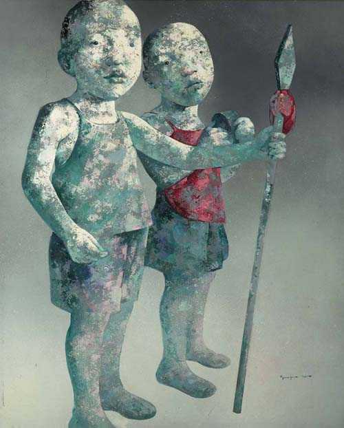 Appraisal: GUO JIN Sichuan Two Boys Oil on canvas x cm