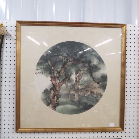 Appraisal: Oriental Painting of a House in the Woods diameter silk