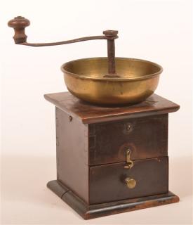 Appraisal: Cherry Iron and Brass Mounted Coffee Grinder Dated on handle