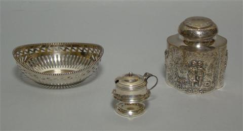 Appraisal: THREE PIECES OF DUTCH SILVER Including a silver-plated tea caddy