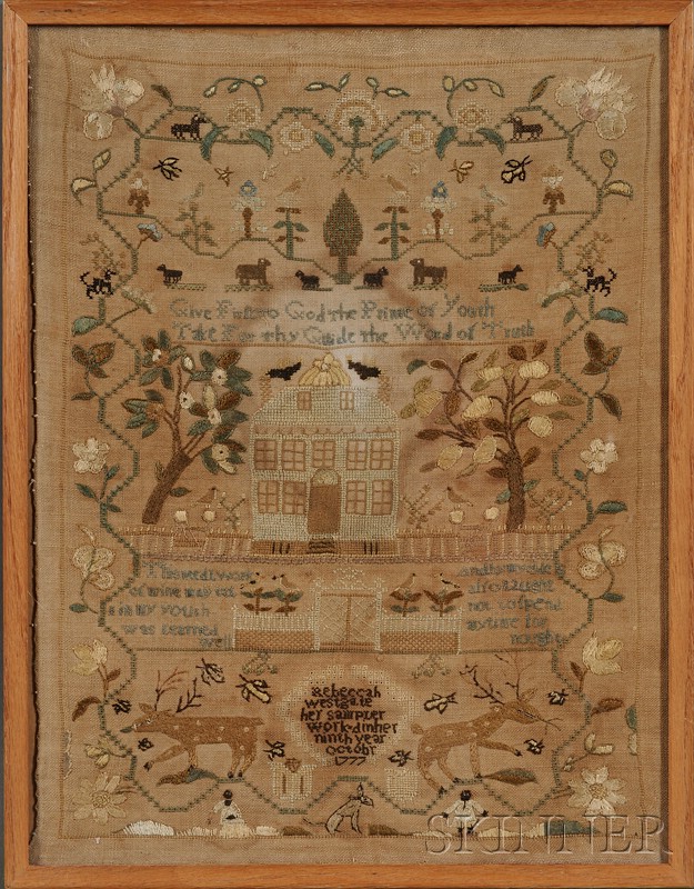 Appraisal: Rhode Island Needlework Sampler Rebecca Westgate her sampler work'd in