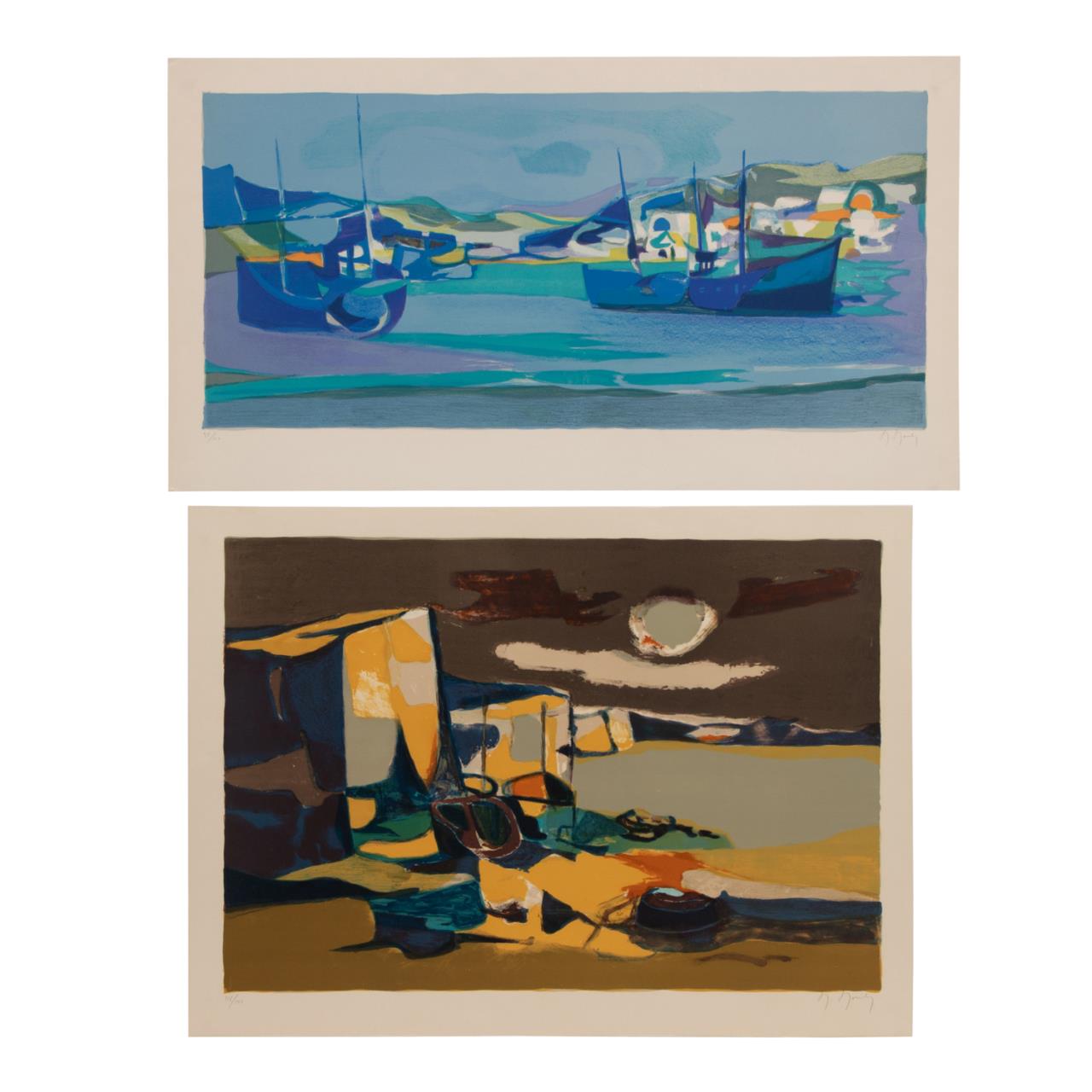 Appraisal: TWO MOULY UNFRAMED PRINTS BOATS LANDSCAPE Marcel Mouly French -