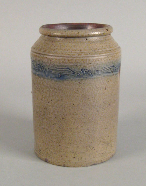 Appraisal: Stoneware crock th c with cobalt band with incised fish